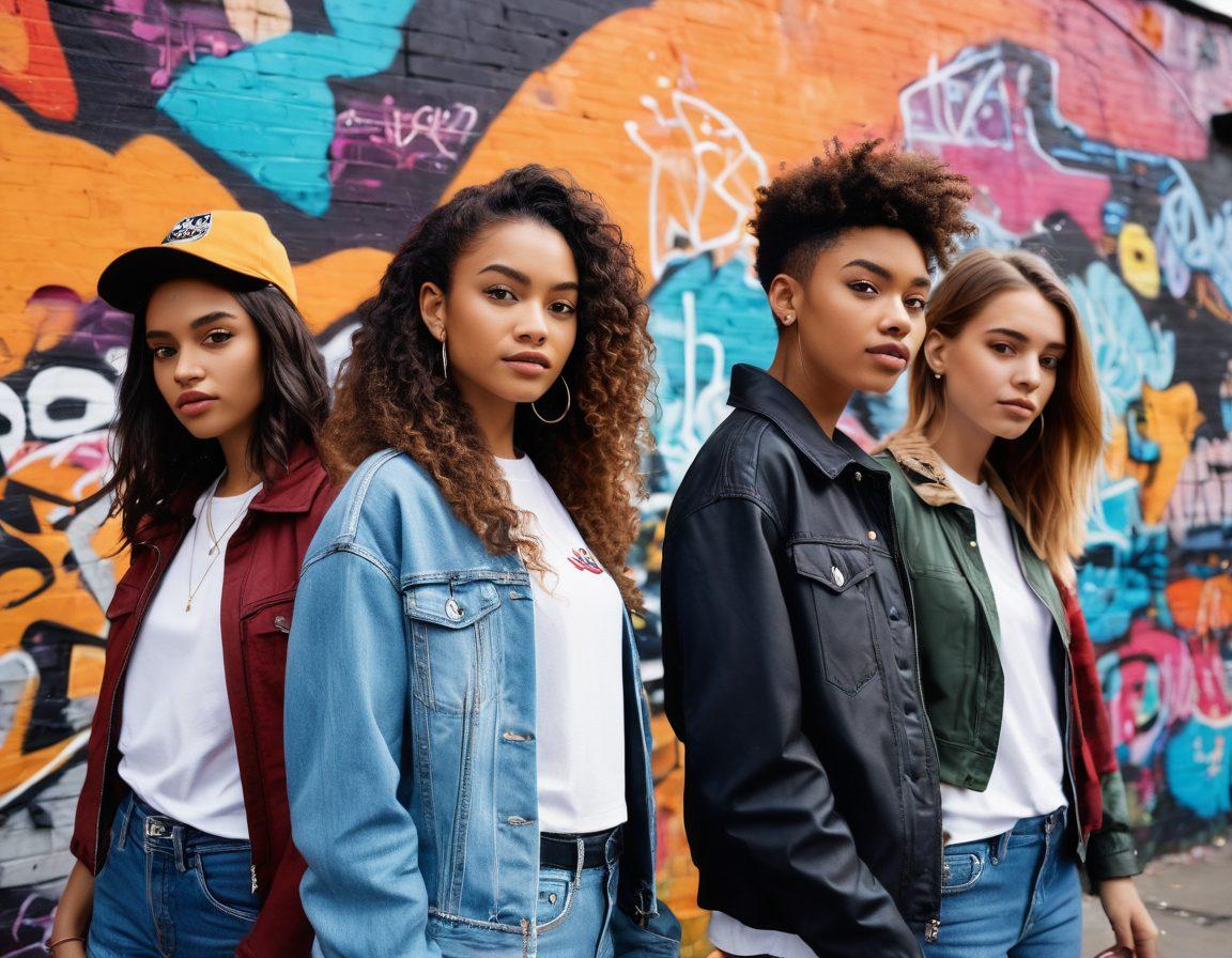 A dynamic collage showcasing a diverse group of young people, each expressing their unique street style through bold fashion choices, set against a vibrant urban backdrop. Include elements of social media, like stylized hashtags and smartphone icons floating around them, emphasizing their connection to digital culture. The scene should radiate energy and creativity, capturing the essence of youth and modernity. 3D. vibrant colors. urban art style.