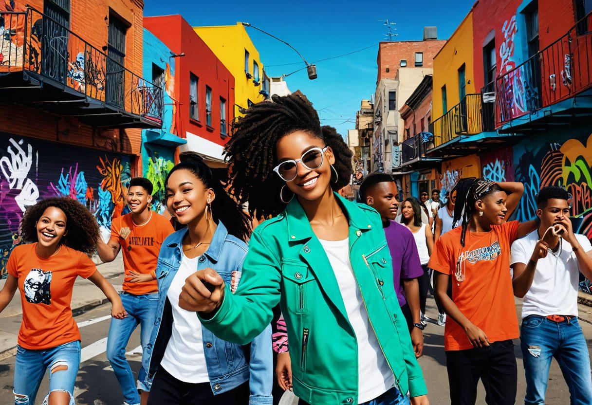 A vibrant collage of diverse young people engaging in various cultural activities, such as street dancing, graffiti art, and outdoor music festivals. The background features urban scenery with colorful murals and lively architecture, symbolizing the energy of youth culture. Each person is expressing joy and individuality, showcasing different fashion styles. The image captures a sense of movement and freedom, surrounded by symbols of technology and modern life. digital art. vivid colors. urban aesthetics.