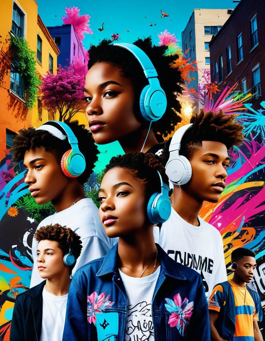 A dynamic collage showcasing the essence of youth culture: diverse young individuals expressing unique fashion styles, colorful street art in the background, energetic activities like skateboarding and dancing, symbols of technology intertwined with nature, vibrant music notes dancing in the air. super-realistic. vibrant colors. 3D.